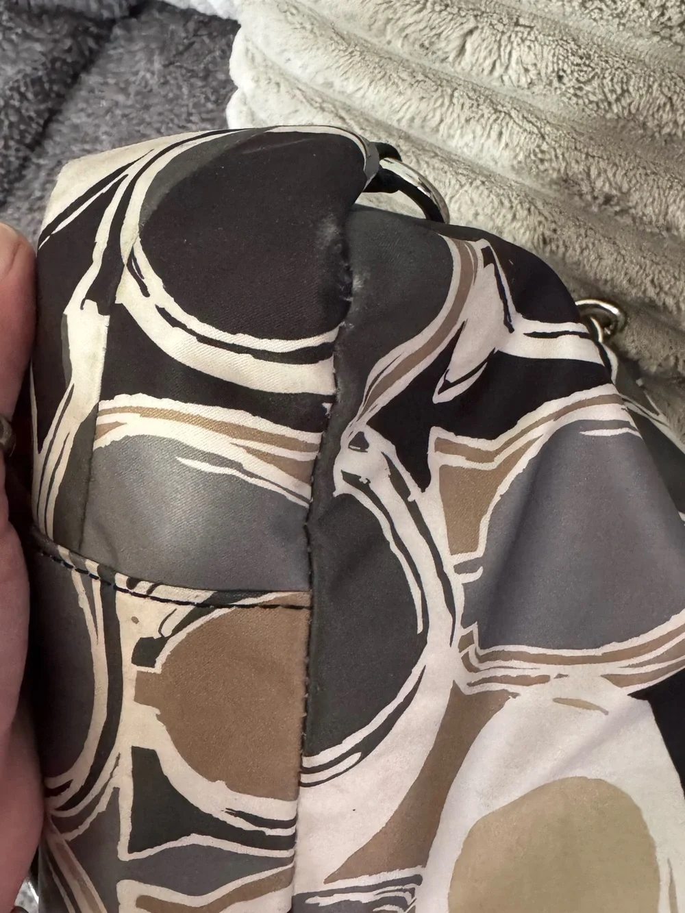 Coach Beige, Black & Cream Signature Circle Tote with Patent Trim